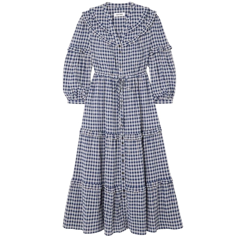 Cefinn Suki Ruffled‎ Seersucker Midi Dress Size 10 Blue Plaid Organic Cotton